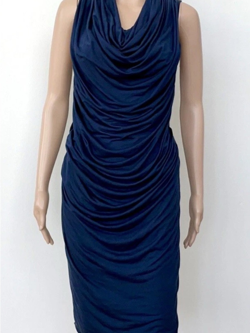 Helmut Lang Navy Blue Ruched Sleeveless Draped Neck Midi Dress Size Small